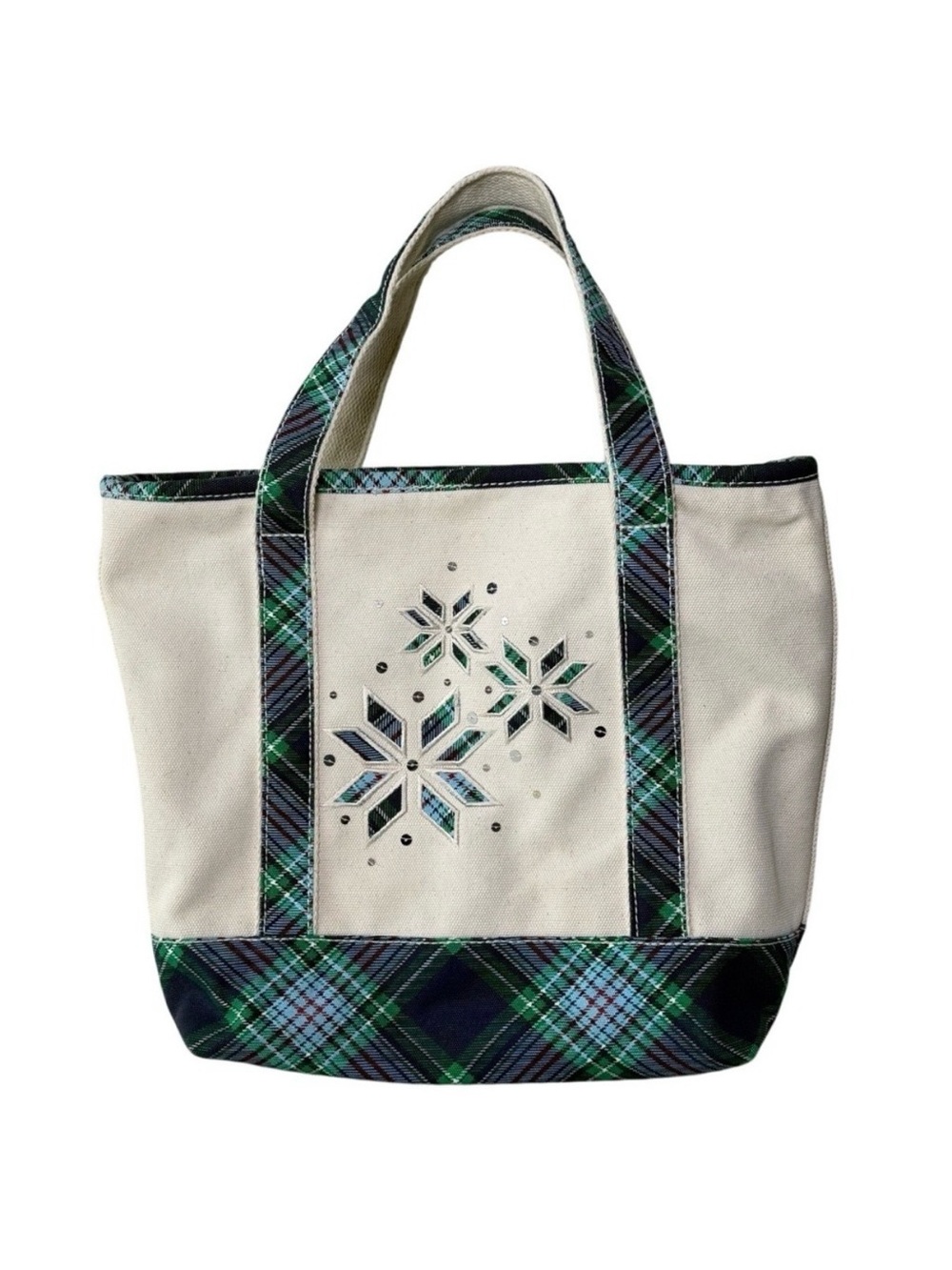 Lands End Medium Canvas Boat and Tote Bag Cream Green Plaid Snowflake Holiday